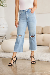 Tummy Control High Waist Raw Hem Distressed Jeans