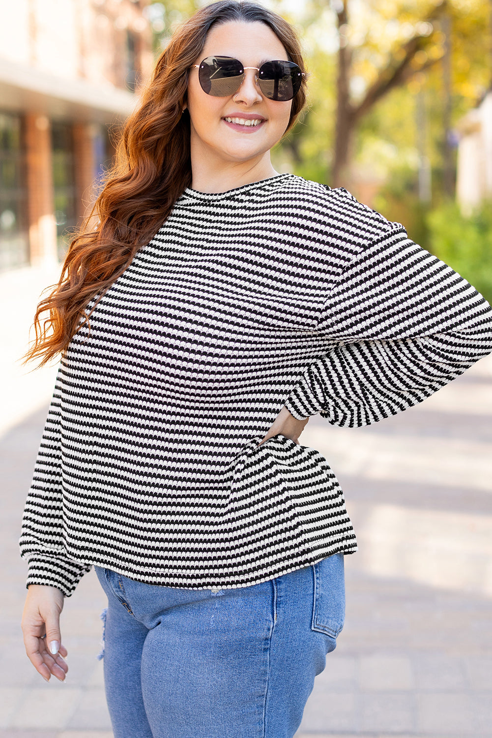 Black Stripe Drop Shoulder Puff Long Sleeve O Neck Plus Size T Shirt