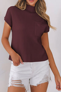 Mineral Red Ribbed Knit Short Sleeve Sweater