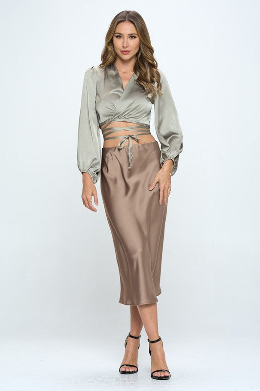 Silky Satin Wrap Crop Top with Tie