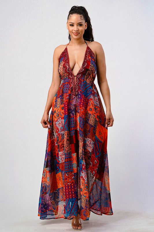 Boho Print Sequin Lace Trim Maxi Dress