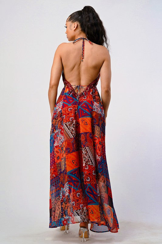 Boho Print Sequin Lace Trim Maxi Dress