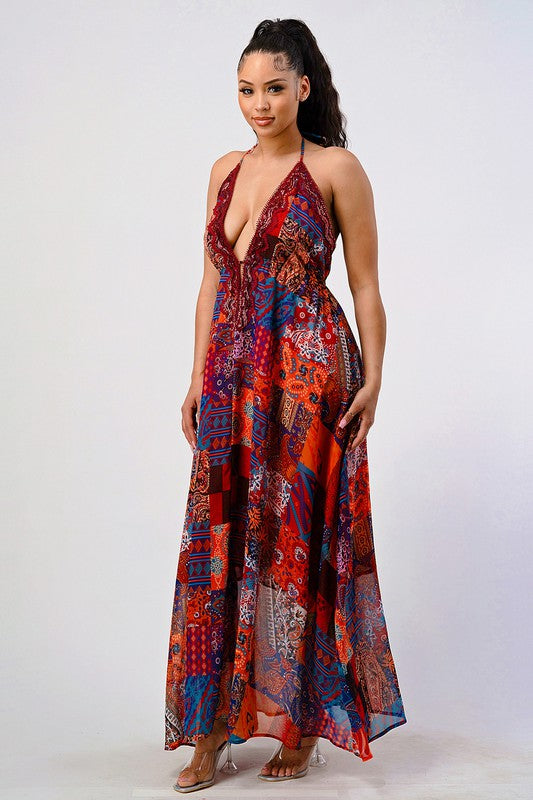 Boho Print Sequin Lace Trim Maxi Dress