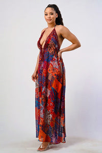 Boho Print Sequin Lace Trim Maxi Dress