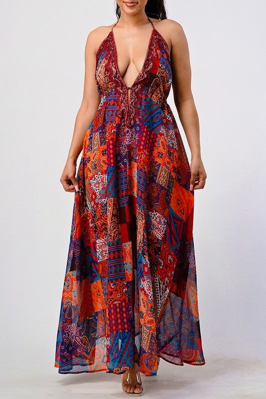 Boho Print Sequin Lace Trim Maxi Dress