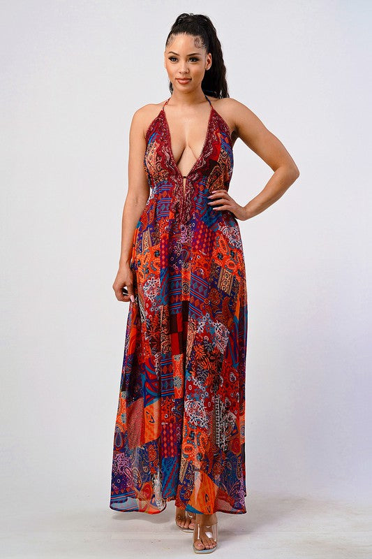 Boho Print Sequin Lace Trim Maxi Dress