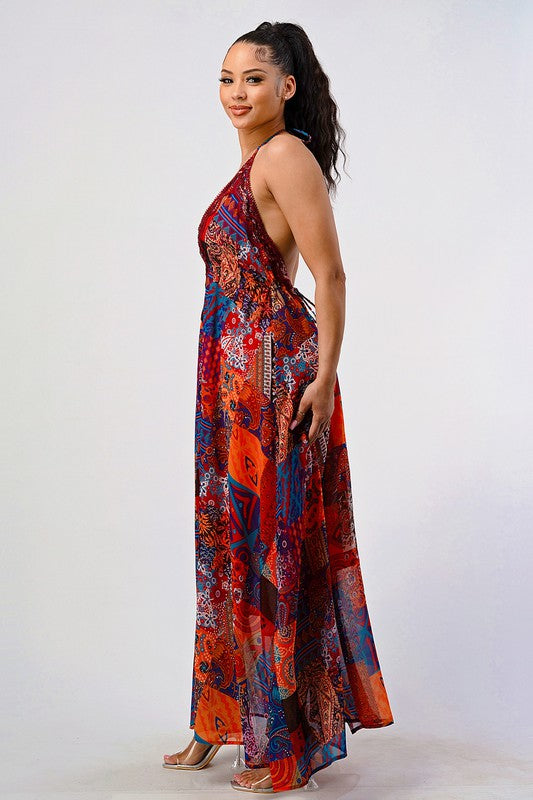 Boho Print Sequin Lace Trim Maxi Dress