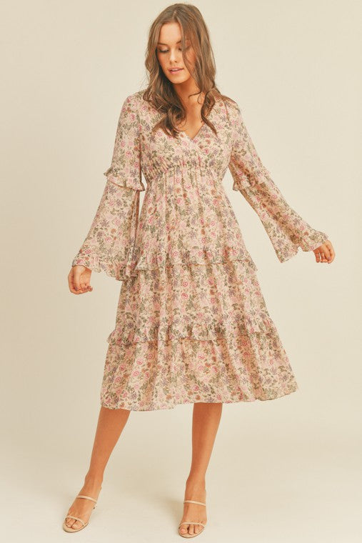 Fall Floral Print Midi Dress