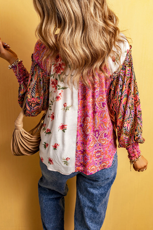 Pink Multicolor Floral Patchwork Shirred Cuffs Buttoned Blouse