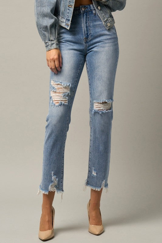 High Waist Distressed Fray Straight Jeans