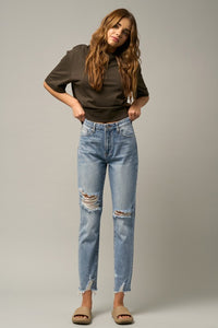 High Waist Distressed Fray Straight Jeans