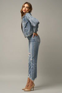 High Waist Distressed Fray Straight Jeans