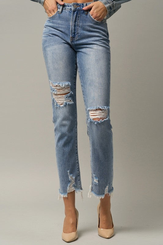 High Waist Distressed Fray Straight Jeans