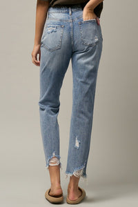 High Waist Distressed Fray Straight Jeans