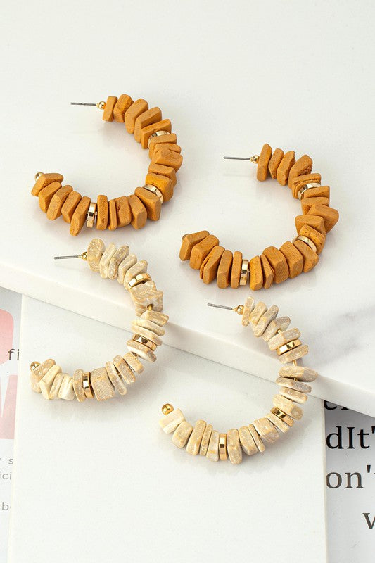 Wood Chip "C" Shaped Hoop Earrings