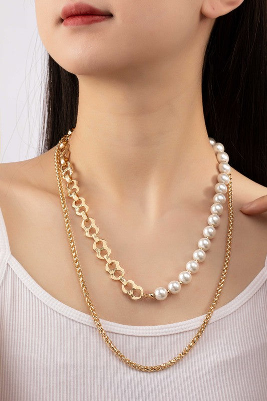 2 Row Pearl and Chain Necklace