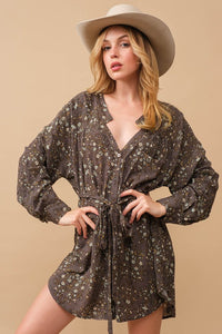 Crinkle Ditsy Floral Raw Shift Shirt Dress