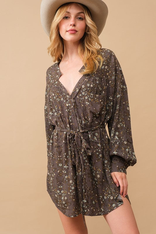 Crinkle Ditsy Floral Raw Shift Shirt Dress