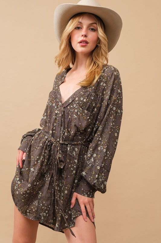 Crinkle Ditsy Floral Raw Shift Shirt Dress