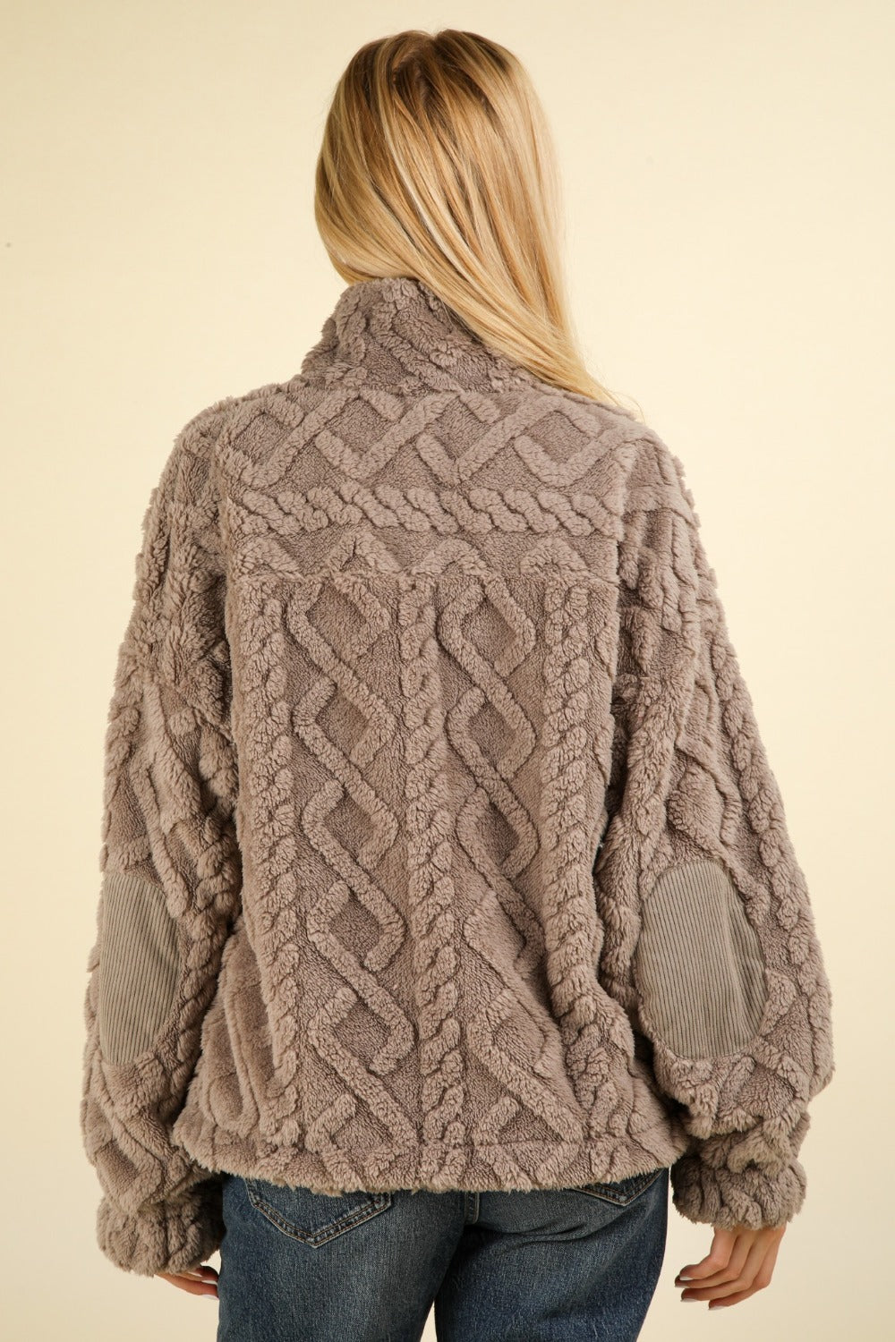 Fuzzy Fleece Half Zip Cable Pattern Sweatshirt