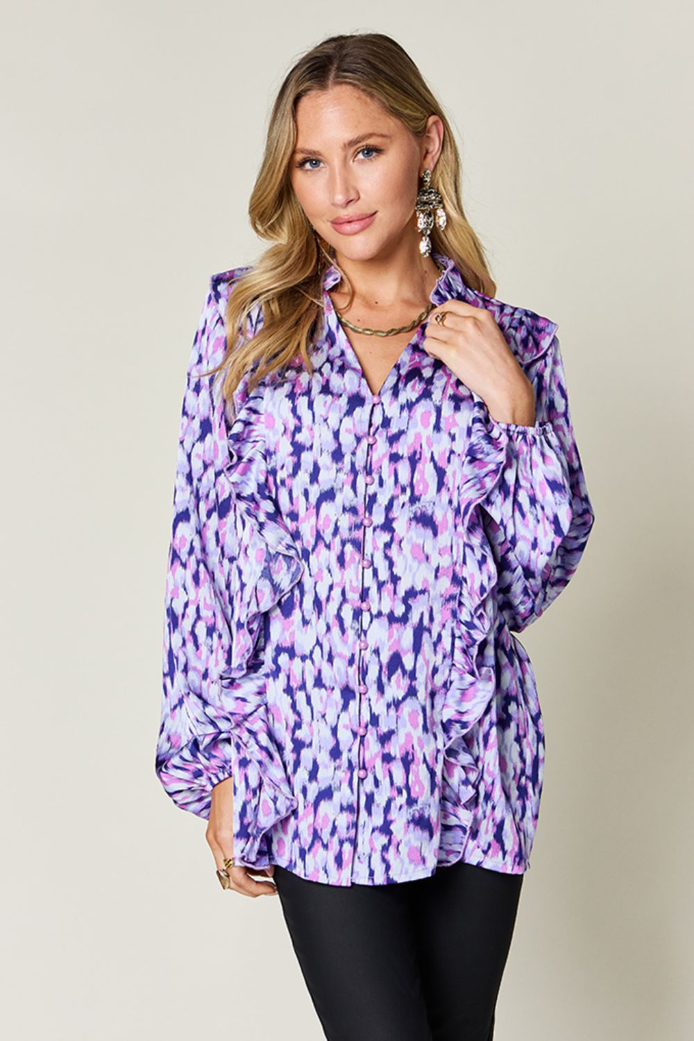 Printed Ruffle Trim Balloon Sleeve Shirt