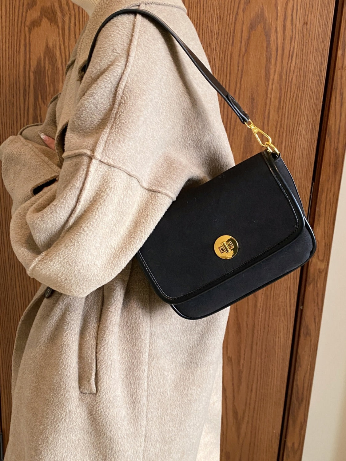 Leather Suede Twist-Lock Shoulder Bag