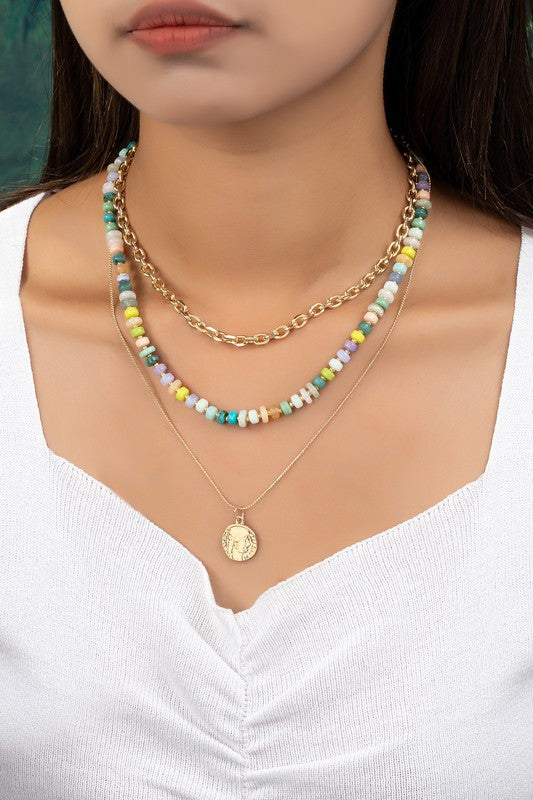 3 Row Multicolor Bead Chain Necklace