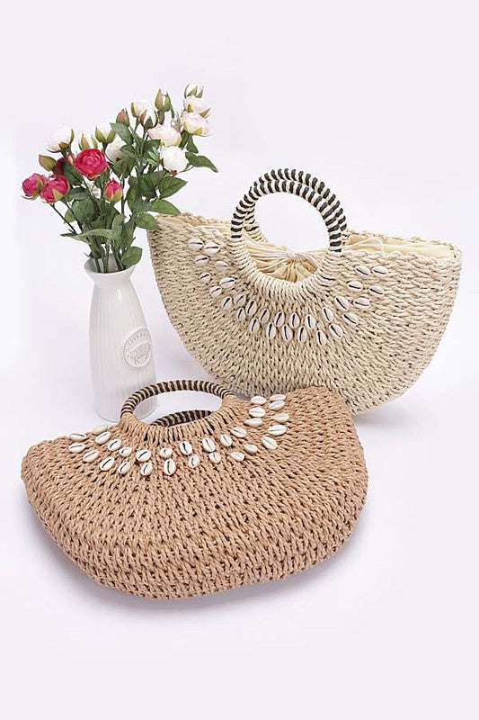 Top Handle Sea Shell Straw Tote Bag