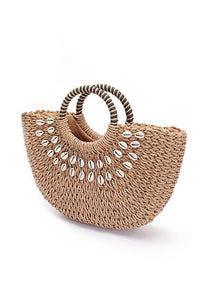 Top Handle Sea Shell Straw Tote Bag