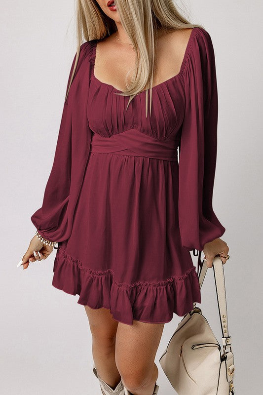 Ruffled High Waist Square Neck Mini Dress