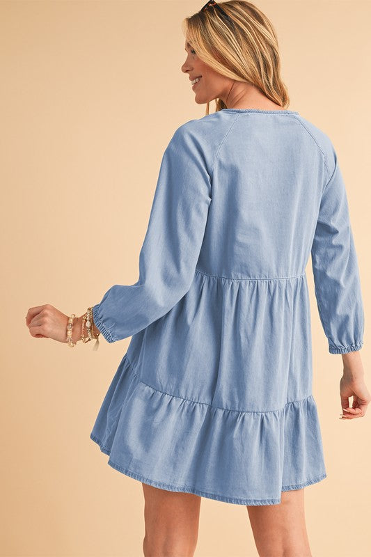 Puff Sleeve Tiered Ruffled Chambray Mini Dress