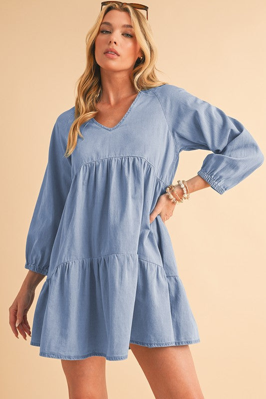 Puff Sleeve Tiered Ruffled Chambray Mini Dress