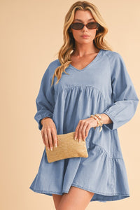 Puff Sleeve Tiered Ruffled Chambray Mini Dress