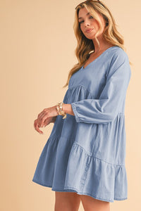 Puff Sleeve Tiered Ruffled Chambray Mini Dress