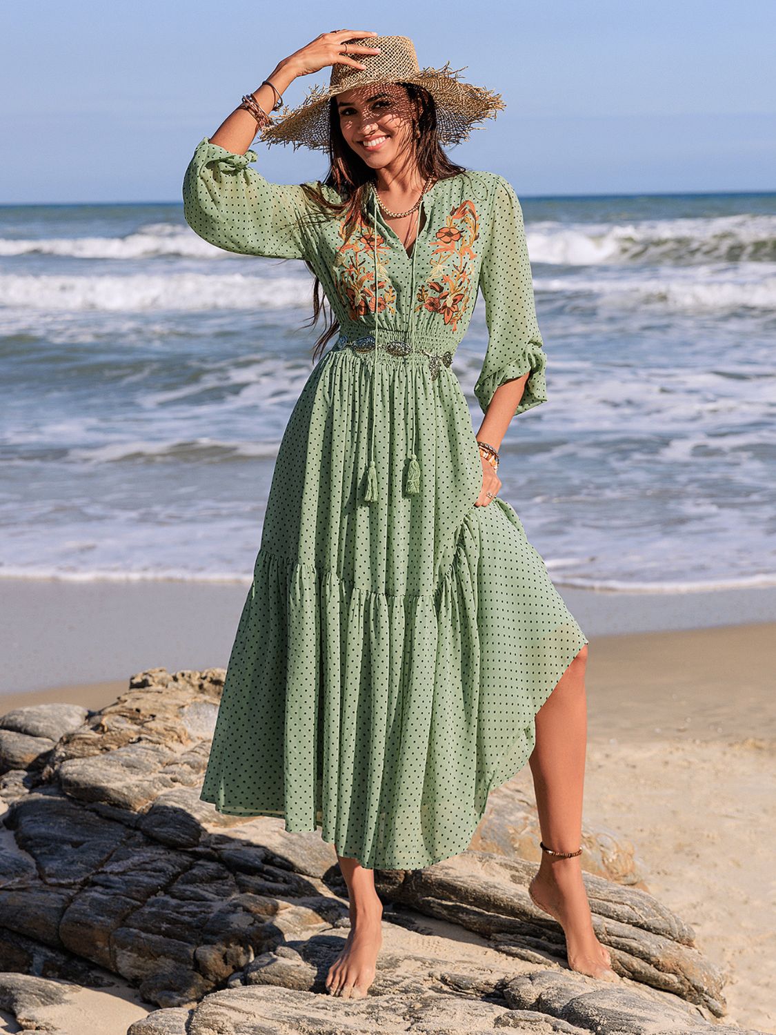 Tie Neck Long Sleeve Midi Dress