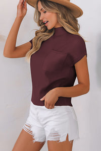 Mineral Red Ribbed Knit Short Sleeve Sweater