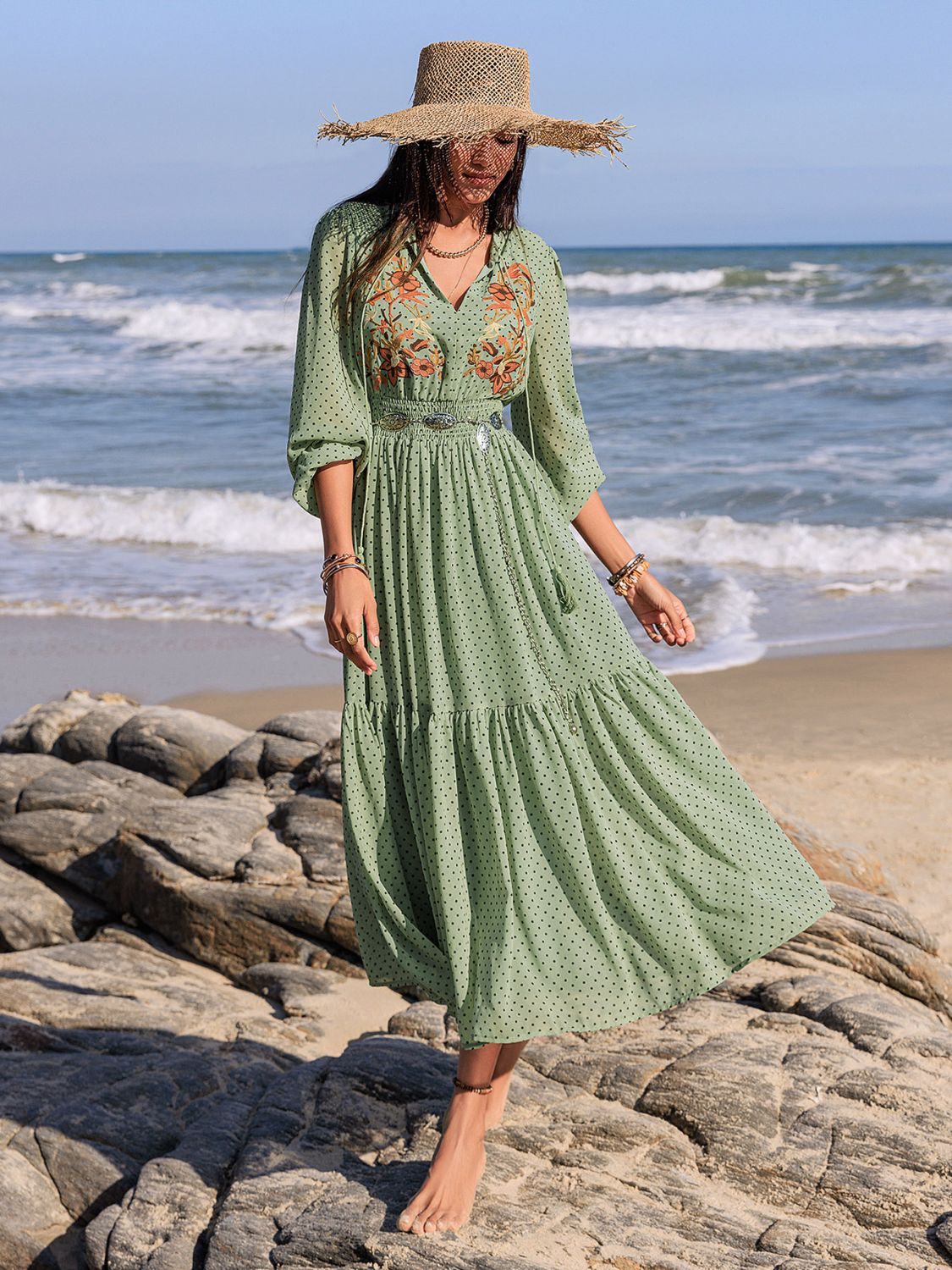 Tie Neck Long Sleeve Midi Dress