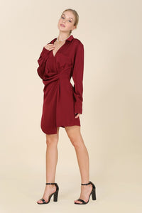 Satin Collared Wrap Mini Dress