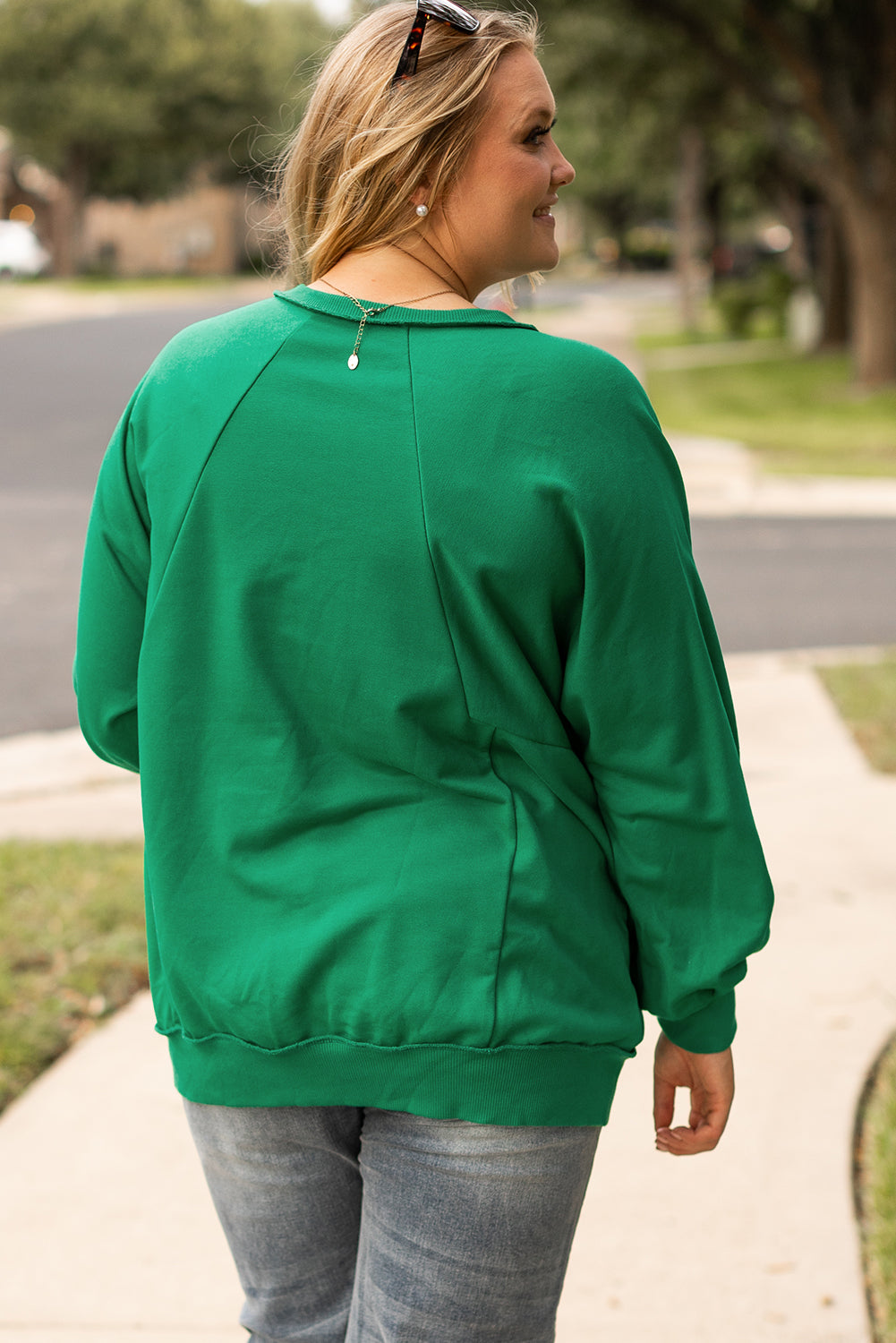 Bright Green Exposed Seam Notched Neck Drop Shoulder Plus Sweatshirt