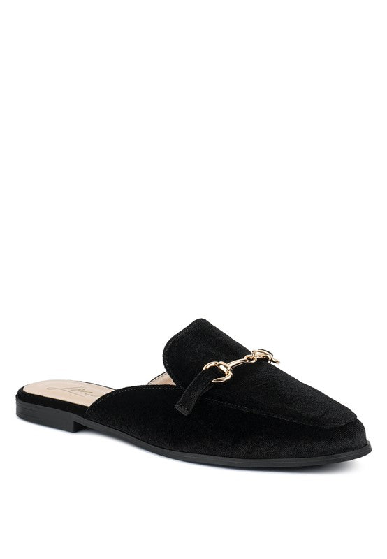 Velvet Buckled Flat Mules