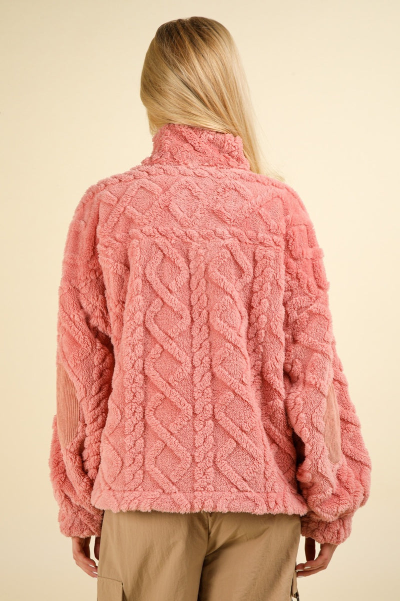 Fuzzy Fleece Half Zip Cable Pattern Sweatshirt