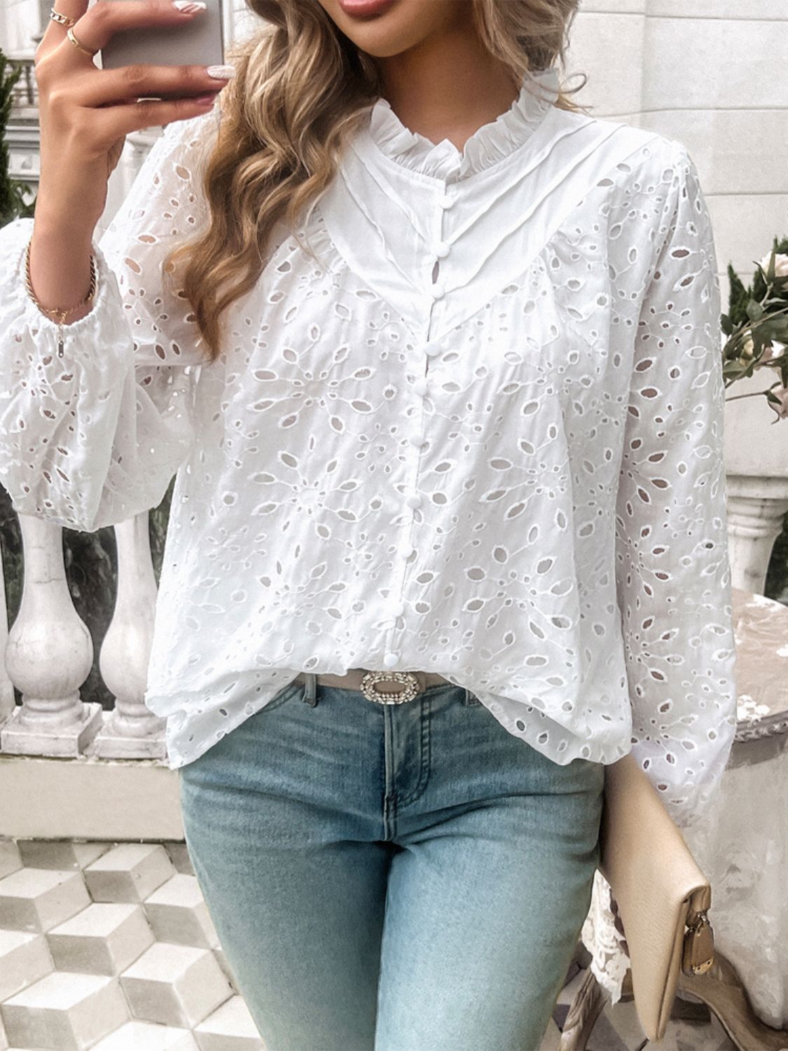 Frill Round Neck Long Sleeve Shirt