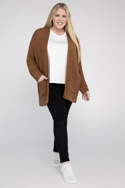 Plus Size Ribbed Knit Open Front Cardigan