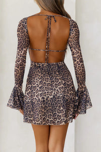 Backless Leopard Flare Sleeve Dress