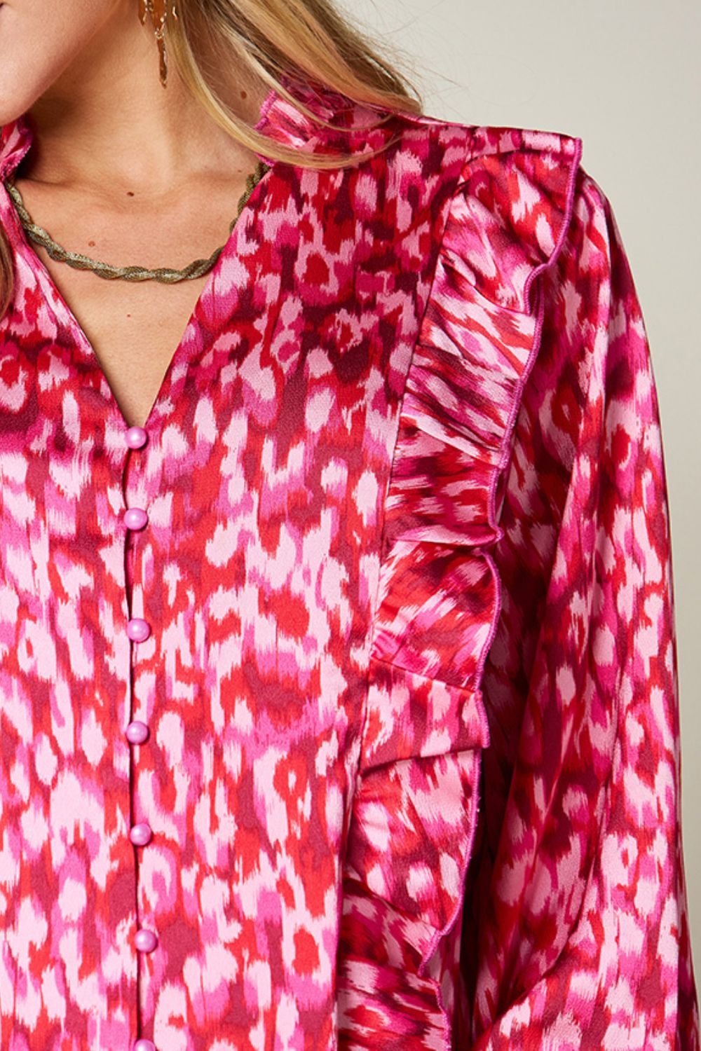 Printed Ruffle Trim Balloon Sleeve Shirt