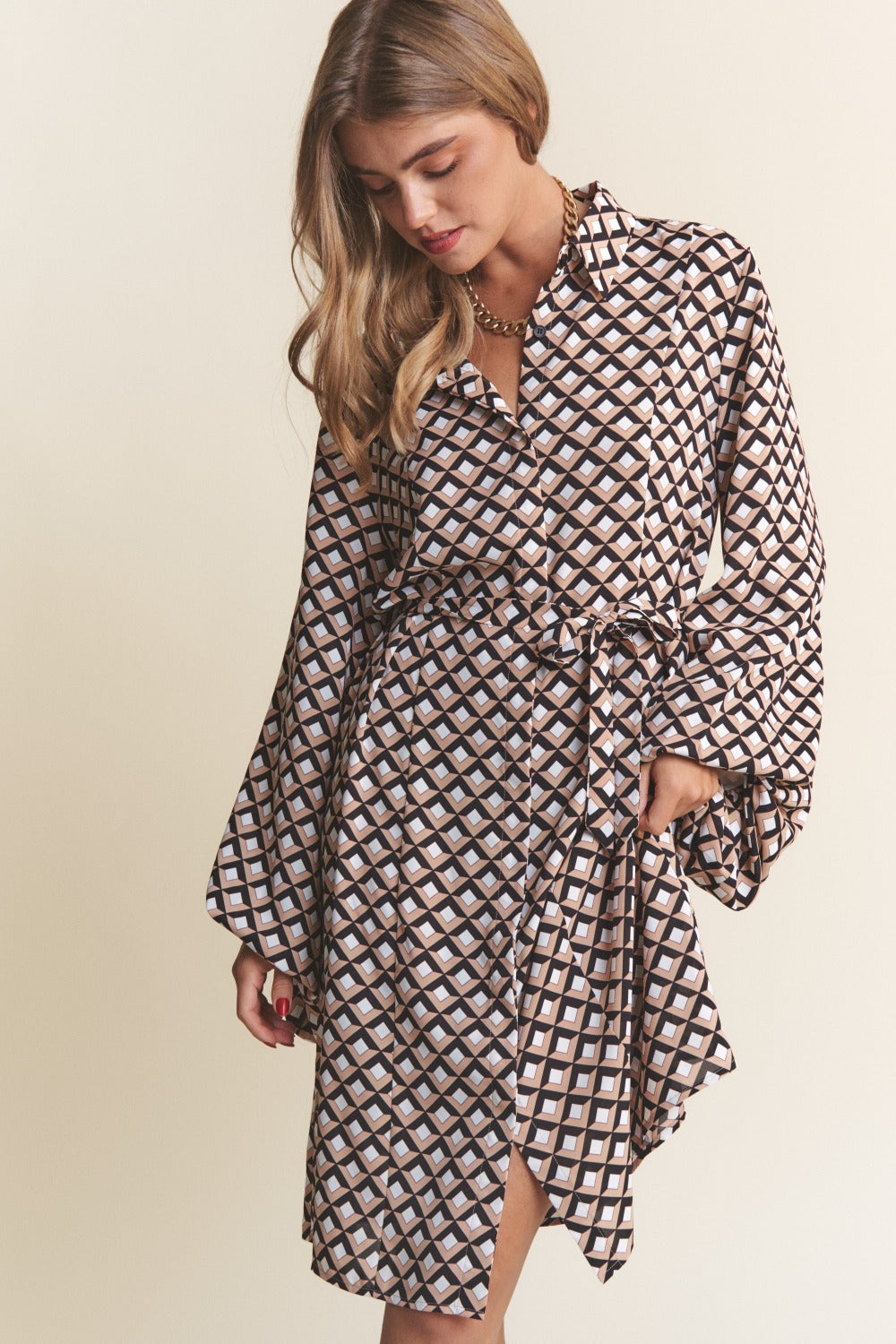 Geometric Long Sleeve Midi Dress