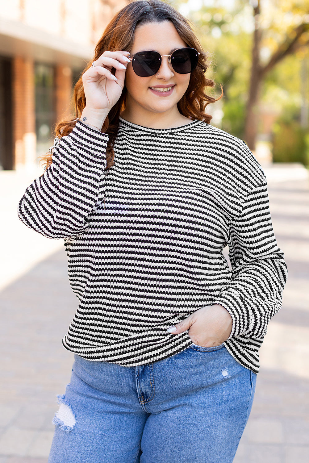 Black Stripe Drop Shoulder Puff Long Sleeve O Neck Plus Size T Shirt