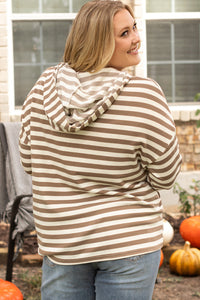 Brown Stripe Quarter Buttons Drop Sleeve Plus Size Hoodie