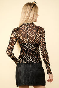 Zebra Print Mock Neck Sheer Mesh Blouse