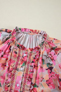 Red Floral Print Ruffled Stitch Buttoned Loose Fit Shirt